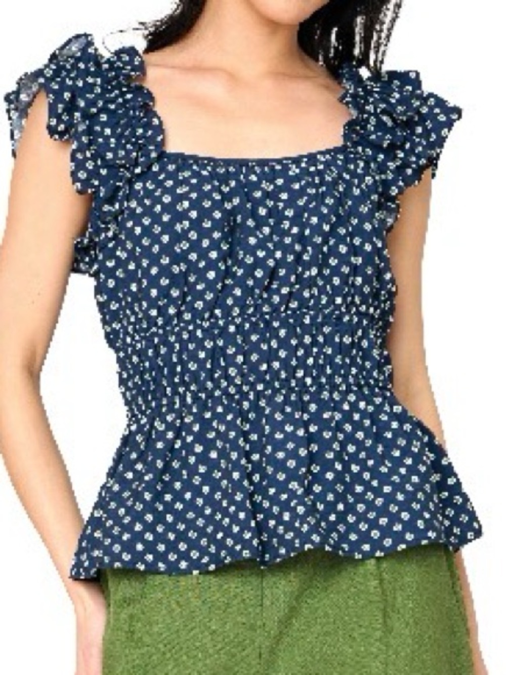 NWT GIBSONLOOK Elle Ruffle Navy Daisy Peplum Top Size Medium